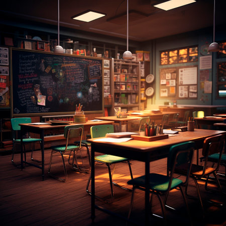 School background. Sunlight in the classroom. The theme of autumn and the beginning of the school year. High quality illustrationの素材