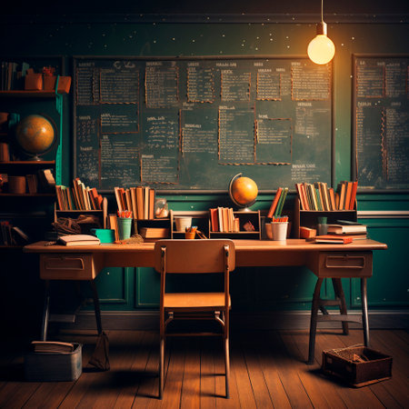 School background. Sunlight in the classroom. The theme of autumn and the beginning of the school year. High quality illustrationの素材