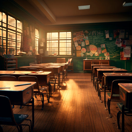School background. Sunlight in the classroom. The theme of autumn and the beginning of the school year. High quality illustrationの素材