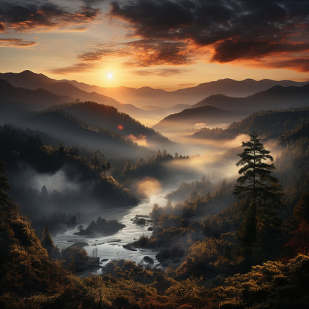 A beautiful forest in the mountains enveloped in fog. High quality illustrationの素材