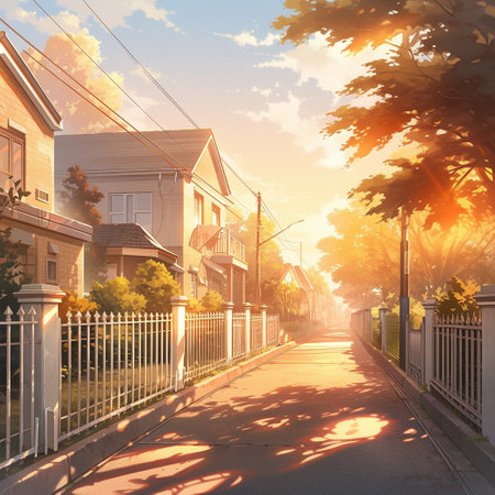 Morning street in the rays of the rising sun. High quality illustrationの素材
