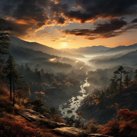 A beautiful forest in the mountains enveloped in fog. High quality illustrationの素材