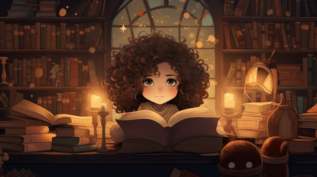 A girl in the library is studying books. High quality illustrationの素材