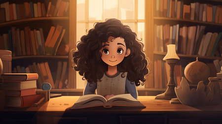 A girl in the library is studying books. High quality illustrationの素材