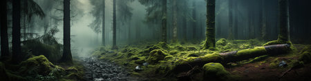 Beautiful matinee misty forest in the rays of the rising sun. high quality illustrationの素材