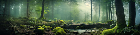 Beautiful matinee misty forest in the rays of the rising sun. high quality illustrationの素材