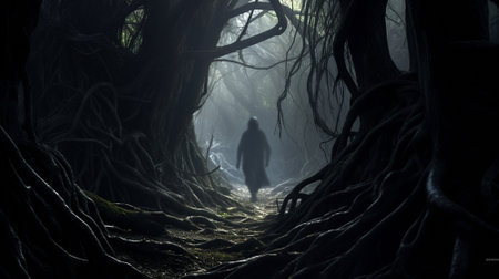 A mysterious black silhouette in a gloomy and dark forest thicket among twisted trees. high quality photoの素材