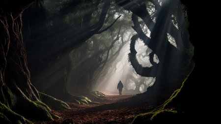 A mysterious black silhouette in a gloomy and dark forest thicket among twisted trees. high quality photoの素材