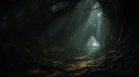 A mysterious black silhouette in a gloomy and dark forest thicket among twisted trees. high quality illustrationの素材