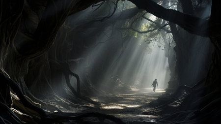 A mysterious black silhouette in a gloomy and dark forest thicket among twisted trees. high quality photoの素材