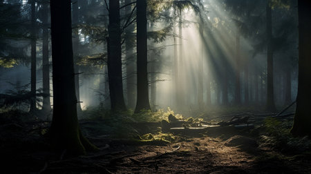 Beautiful matinee misty forest in the rays of the rising sun. high quality illustrationの素材