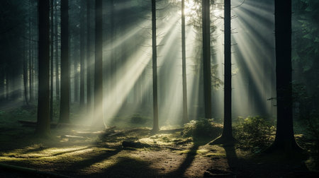 Beautiful matinee misty forest in the rays of the rising sun. high quality illustrationの素材