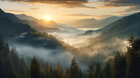 Beautiful matinee misty forest in the rays of the rising sun. High quality illustrationの素材