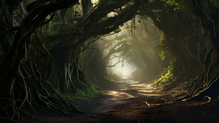 A mysterious black silhouette in a gloomy and dark forest thicket among twisted trees. High quality illustrationの素材