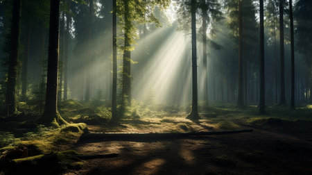 Beautiful matinee misty forest in the rays of the rising sun. High quality illustrationの素材
