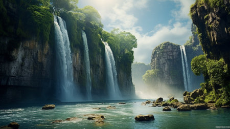 Beautiful epic waterfall . High quality illustrationの素材