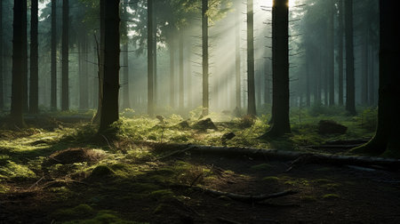 Beautiful matinee misty forest in the rays of the rising sun. High quality illustrationの素材
