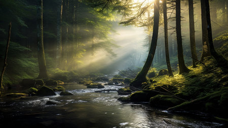Beautiful matinee misty forest in the rays of the rising sun. High quality illustrationの素材