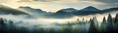 Beautiful matinee misty forest in the rays of the rising sun. High quality illustrationの素材