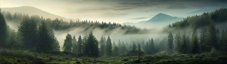 Beautiful matinee misty forest in the rays of the rising sun. High quality illustrationの素材