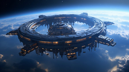 A space station orbiting an unknown planet. High quality illustrationの素材