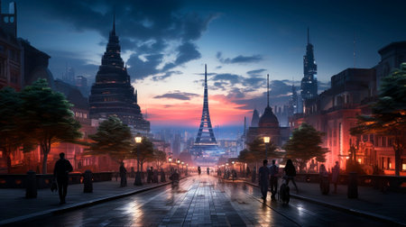 The background of the future. 2024 year of Technology, city, development. Panoramic view of the city. High quality illustrationの素材