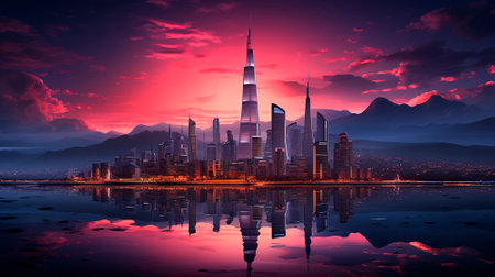 The background of the future. 2024 year of Technology, city, development. Panoramic view of the city. High quality illustrationの素材