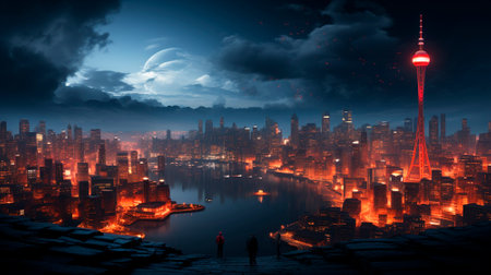 The background of the future. 2024 year of Technology, city, development. Panoramic view of the city. High quality illustrationの素材