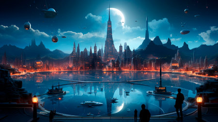 The background of the future. 2024 year of Technology, city, development. Panoramic view of the city. High quality illustrationの素材