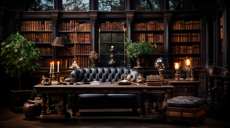 A luxurious desk in the library in a rich house. Dark tones. High quality illustrationの素材