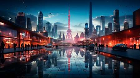 The background of the future. 2024 year of Technology, city, development. Panoramic view of the city. High quality illustrationの素材