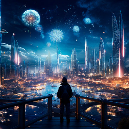 Celebrating the New Year in the city of the future. 2024 year . High quality illustrationの素材
