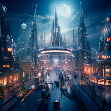 Celebrating the New Year in the city of the future. 2024 year . High quality illustrationの素材