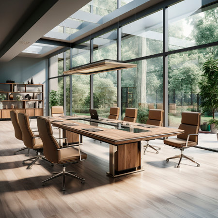 Clean and bright office with wooden trim. Professional background. High quality illustrationの素材
