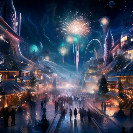 Celebrating the New Year in the city of the future. 2024 year . High quality illustrationの素材