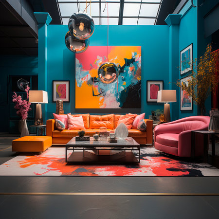 Creative apartment of a creative person, an artist. The walls are painted with paints, the atmosphere of creativity and imagination. High quality illustrationの素材