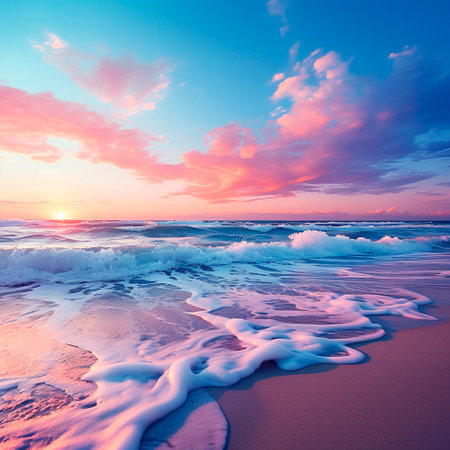 background of the beach and the sea wave in pink shades. High quality illustrationの素材