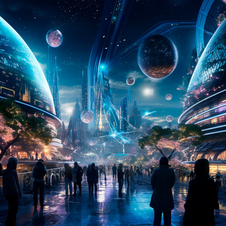 Celebrating the New Year in the city of the future. 2024 year . High quality illustrationの素材