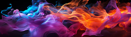 Abstract colorful fire background. A blue, orange, and purple fire and lightning with smoke on black, in the style of smooth and curved lines, creative commons attribution.の素材