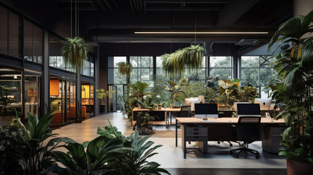 The administration department of the architecture firm. Nature and plants inside the interior. High quality illustrationの素材