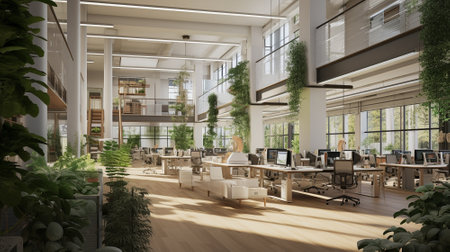 The administration department of the architecture firm. Nature and plants inside the interior. High quality illustrationの素材