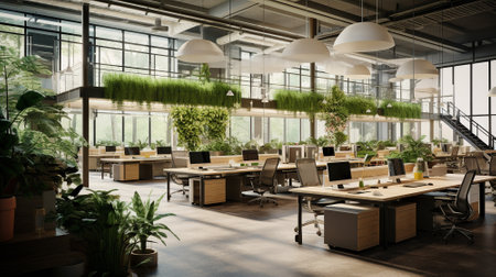 The administration department of the architecture firm. Nature and plants inside the interior. High quality illustrationの素材