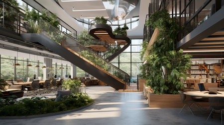 The administration department of the architecture firm. Nature and plants inside the interior. High quality illustrationの素材