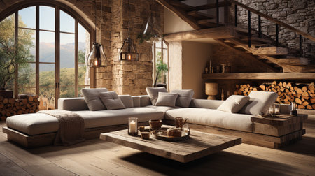 The rustic interior design of a modern living room. High quality illustrationの素材