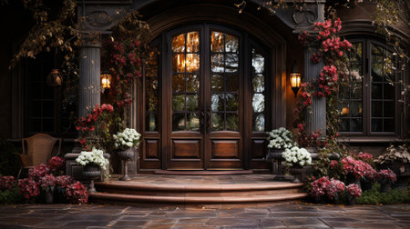 a mansion with a wooden door and flowers in front of it. High quality photoの素材