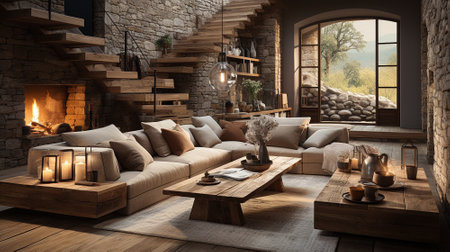 The rustic interior design of a modern living room. High quality illustrationの素材