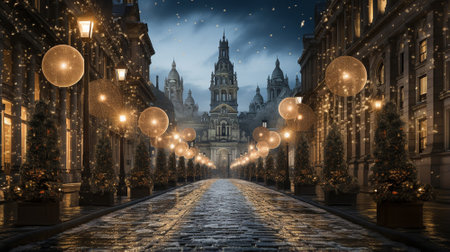 New Years streets. Celebrating the New Year on decorated streets. High quality illustrationの素材