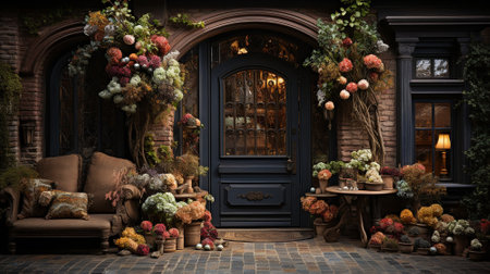 a mansion with a wooden door and flowers in front of it. High quality photoの素材