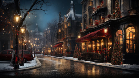 New Years streets. Celebrating the New Year on decorated streets. High quality illustrationの素材