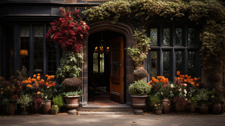 a mansion with a wooden door and flowers in front of it. High quality photoの素材